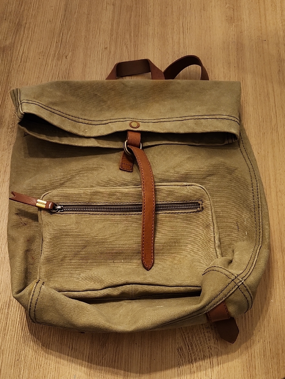 Preloved Madewell Canvas Roll-Top Backpack in Olive with Leather Trim